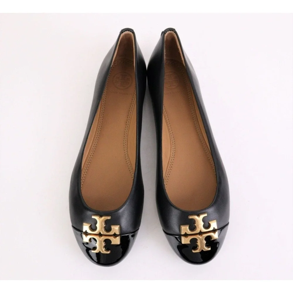 Tory Burch Ballet Flats Women 5.5 Black Excellent Leather Patent Logo Cap Toe